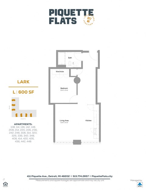 Floor plan for 1 bed, 1 bath, 650 sqft